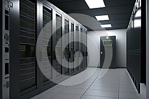 The data center has a room with rows of server hardware