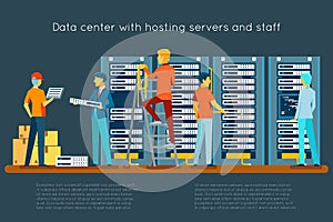 Data center with hosting servers and staff