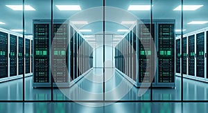 Data center server room showcasing computing network storage hardware infrastructure cloud systems and rack organization