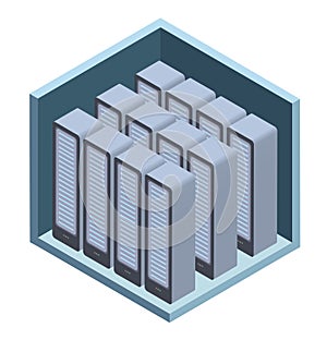 Data center icon, server room. Vector illustration in isometric projection, isolated on white. photo