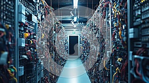 Data center infrastructure corridor with rows of server racks and cabling