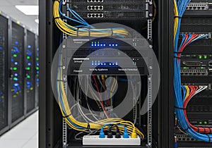 Data center interior featuring multiple server racks. Central rack