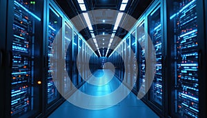 Data center interior. Rows of illuminated servers in blue tones. Hosting, high tech data processing, cloud computing, machine