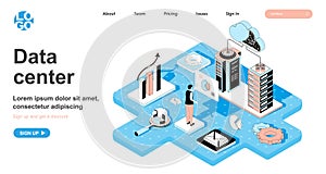 Data center isometric concept. Cloud storage and computing technology, datacenter server room, database networking, line flat
