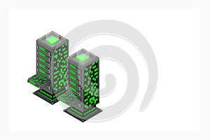 Data center isometric, database and cloud data storage concept, server room, cloud computing, vector illustration.