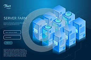 Data center isometric vector illustration. Concept of web hosting server room rack.