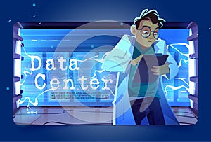 Data center landing page, geek work in server room