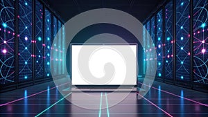 Data center with laptop mockup cloud computing and digital transformation concept