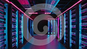 Data Center With Multiple Rows of Fully Operational Server Racks.