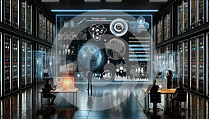 Data Center, multiple rows of Operational server racks, concept of cloud computing, artificial intelligence, super computer,