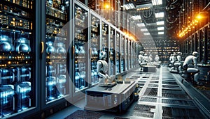 Data Center, multiple rows of Operational server racks, concept of cloud computing, artificial intelligence, super computer,