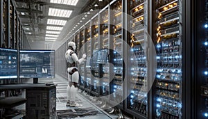 Data Center, multiple rows of Operational server racks, concept of cloud computing, artificial intelligence, super computer,