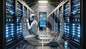 Data Center, multiple rows of Operational server racks, concept of cloud computing, artificial intelligence, super computer,