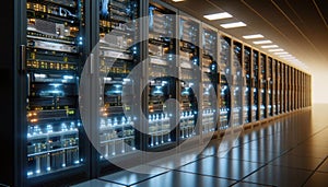 Data Center, multiple rows of Operational server racks, concept of cloud computing, artificial intelligence, super computer,