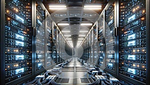 Data Center, multiple rows of Operational server racks, concept of cloud computing, artificial intelligence, super computer,