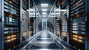 Data Center, multiple rows of Operational server racks, concept of cloud computing, artificial intelligence, super computer,
