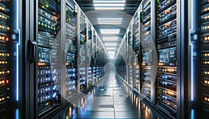 Data Center, multiple rows of Operational server racks, concept of cloud computing, artificial intelligence, super computer,