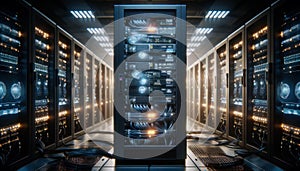 Data Center, multiple rows of Operational server racks, concept of cloud computing, artificial intelligence, super computer,