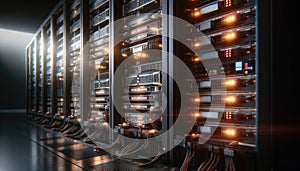 Data Center, multiple rows of Operational server racks, concept of cloud computing, artificial intelligence, super computer,