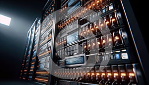 Data Center, multiple rows of Operational server racks, concept of cloud computing, artificial intelligence, super computer,