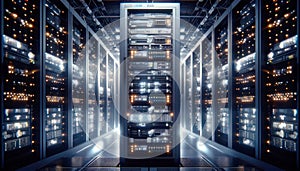 Data Center, multiple rows of Operational server racks, concept of cloud computing, artificial intelligence, super computer,