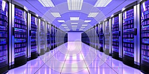 Data Center Multiple Rows Operational Server Racks. Modern Telecommunications, Cloud Computing, Artificial Intelligence, Database