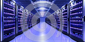 Data Center Multiple Rows Operational Server Racks. Modern Telecommunications, Cloud Computing, Artificial Intelligence, Database