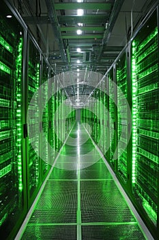 Data Center Multiple Rows Operational Server Racks. Modern Telecommunications, Cloud Computing, Artificial Intelligence, Database