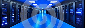 Data Center Multiple Rows Operational Server Racks. Modern Telecommunications, Cloud Computing, Artificial Intelligence, Database