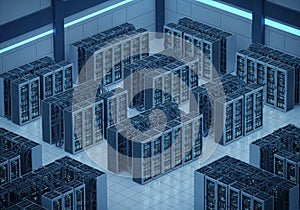 A data center with multiple server racks aligned in rows, featuring interconnected cables and