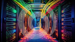 Data Center Network Background. Server Room with Switch, Internet Cables, and Fiber Optic Equipment