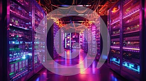 Data Center Network Background. Server Room with Switch, Internet Cables, and Fiber Optic Equipment