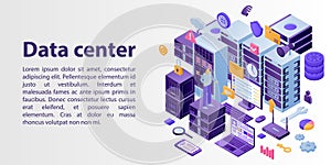 Data center network concept banner, isometric style