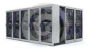Data Center with Network Servers and Racks on White Background for Cloud Computing Infrastructure and IT Solutions with