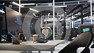 Data center PCs showing neural network visualization and code debugging tools