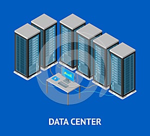 Data Center Poster Card Isometric View. Vector