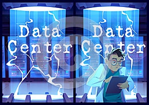 Data center posters with engineer in server room