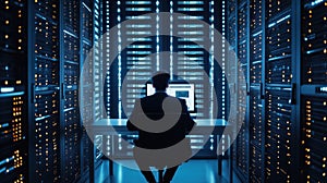 Data center with professional working on computer, illuminated servers, technology