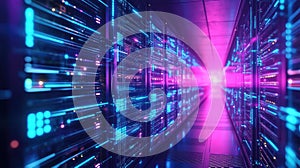 Data center racks showing digital data flow and server lights