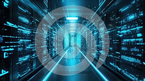 Data center racks showing digital information processing