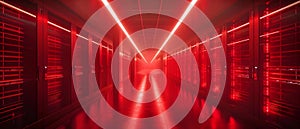 Data center with red LEDlit server racks showcasing modern computing technology. Concept Data
