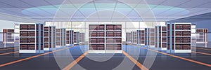 data center room interior hosting server computer information database synchronize technology connection cyber network