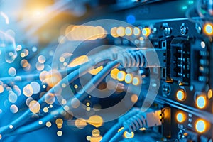 Data center room network panel, switches, and cables in a modern data center facility