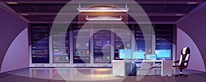 Data center room with server racks and computer