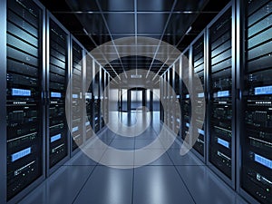 Data center rows of fully operational server racks, server room, cloud computing, database, super computer, generative AI