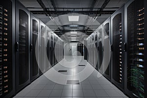 data center with rows of server racks, each housing dozens of servers