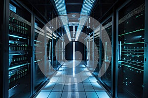 data center with rows of servers, each one with blinking led lights