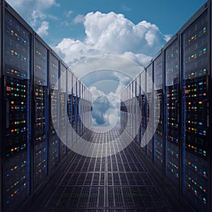 data center with 2 rows of servers servers are glowing with lights, which means they are actively working and against the