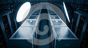 Data Center: Rows of Servers and Lighting in Modern Infrastructure Facility, IT Concept