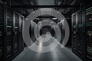 data center, with rows of servers and racks of equipment visible